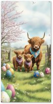 Tuinposter 80x160 cm - Tuindecoratie Schotsehooglanders - Paaseieren - Lente - Poster voor in de tuin - Buiten decoratie - Schutting tuinschilderij - Tuindoek muurdecoratie - Wanddecoratie balkondoek - Pasen - Paasdecoratie - Paas versiering