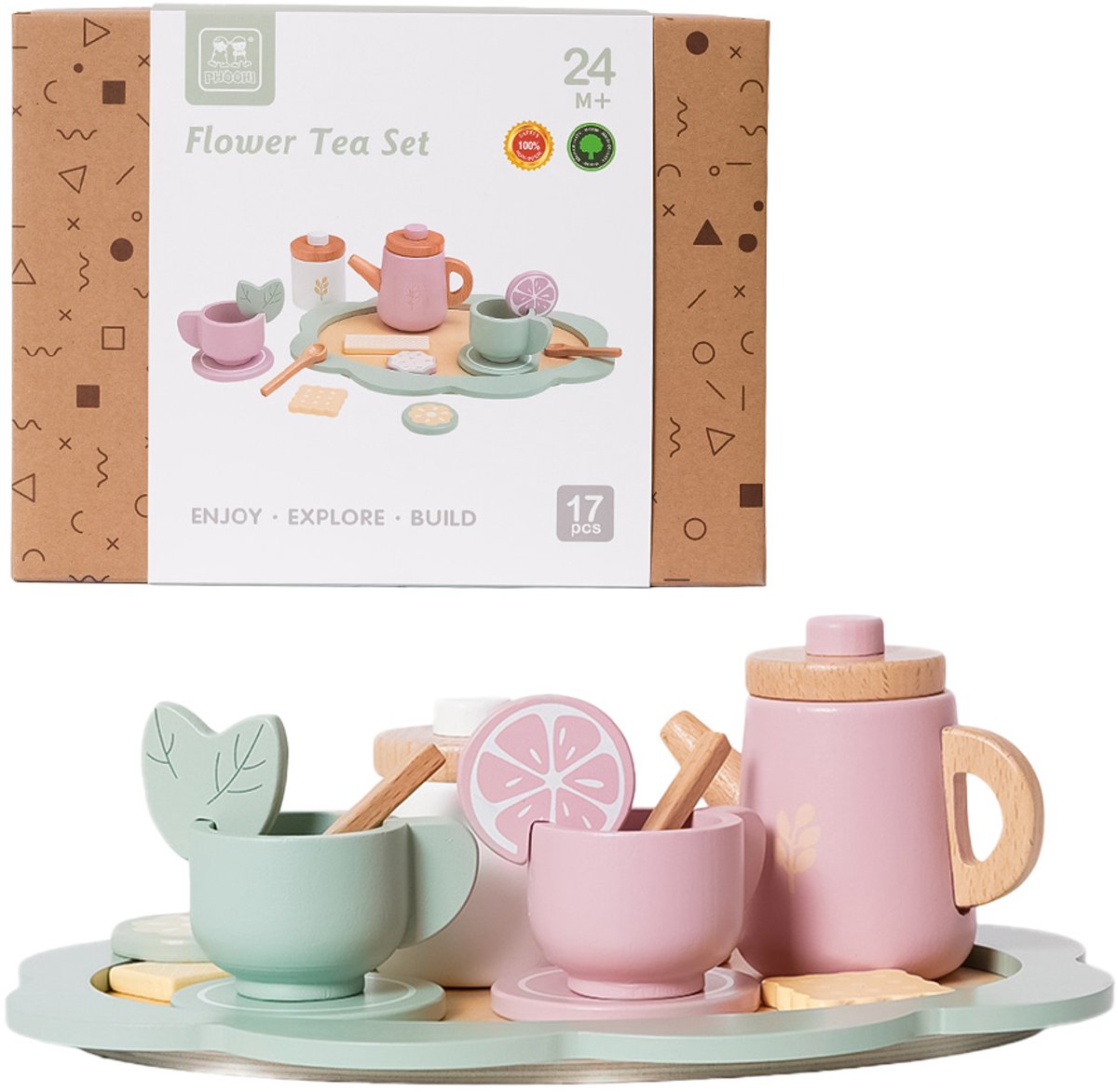 Speelgoedtopdeals - Houten Theeservies - 17-delig - pastelkleur - Rollenspel - Keuken - Montessori Educatief Speelgoed