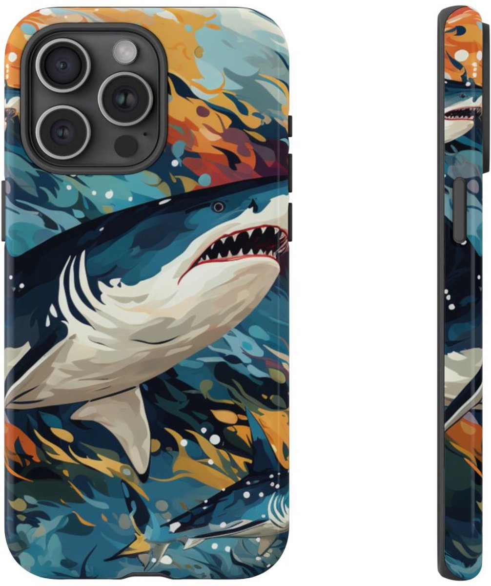 Abstracte Haaien in Oceaangolven – Telefoonhoesje Geschikt voor iPhone 15 Pro Max