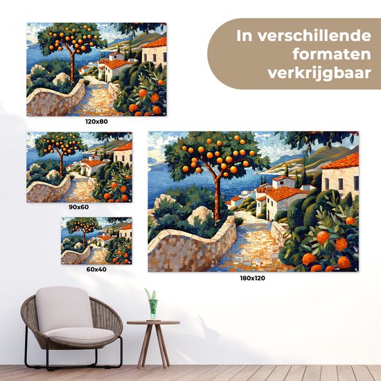 Affiche de jardin 120x80 cm - Décoration de jardin Maisons - Mosaïque - Orangers - Mer - Affiche pour le jardin - Décoration extérieure - Tableau de jardin clôture - Décoration murale en tissu de jardin - Décoration murale en tissu de balcon