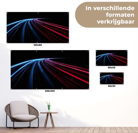 Tuinposter 80x40 cm - Tuindecoratie Gaming - Strepen - Gebogen - Blauw - Poster voor in de tuin - Buiten decoratie - Schutting tuinschilderij - Tuindoek muurdecoratie - Wanddecoratie balkondoek