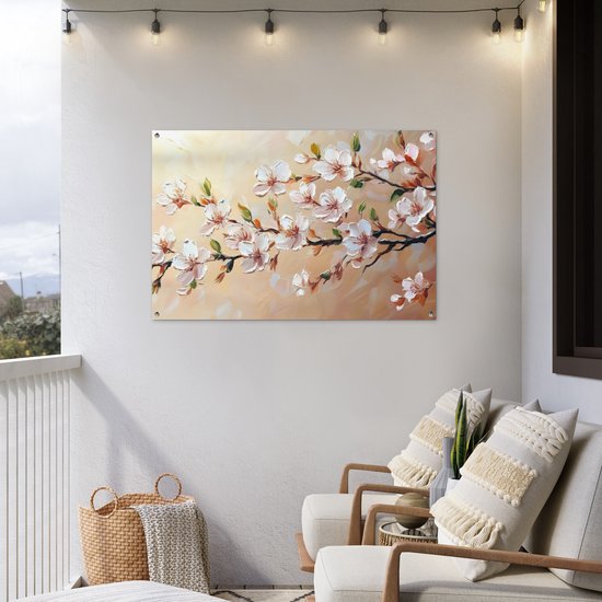 Affiche de jardin 120x80 cm - Décoration de jardin Branches fleuries - Pittoresque - Rose - Affiche pour le jardin - Décoration extérieure - Tableau de jardin clôture - Décoration murale sur toile de jardin - Décoration murale sur toile de balcon