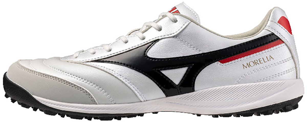 Mizuno Morelia Sala Pro TF voetbalschoenen in wit met zwart en rood, EU 44, lichtgewicht en flexibel ontwerp.