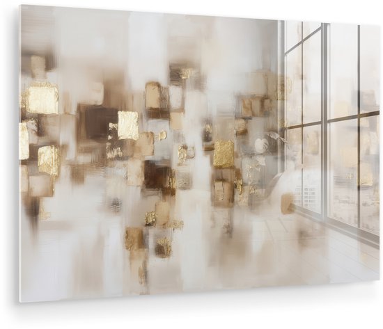 Groot glazen schilderij met bruine en gouden abstracte vierkanten, weergegeven in een lichte, ruime kamer met grote ramen.