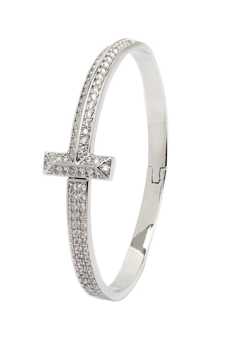 AVANT-GARDE PARIS Minimalistische Bangle - Zilver 1.6cm x 6.4cm - 1 stuk - Rhodium Plated met Sprankelende Steentjes