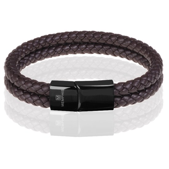 Bracelet cuir double Memphis Marron foncé Noir-20cm
