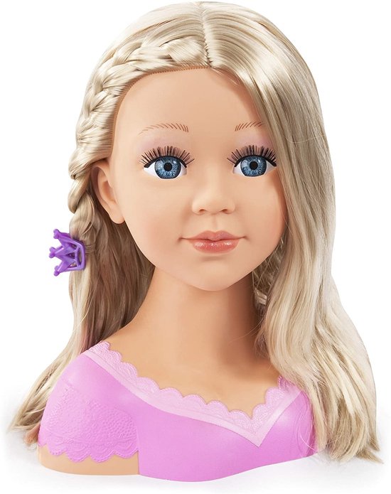 Blond kaphoofd met blauwe ogen, lokken en een paarse kroon als haarclip.