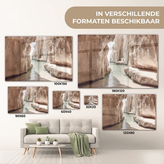 MuchoWow® Peinture sur verre 120x80 cm - Peinture sur verre acrylique - Rochers - Mer - Sable - Canyon - Photo sur verre - Décoration murale salon - Décoration murale chambre - Peintures