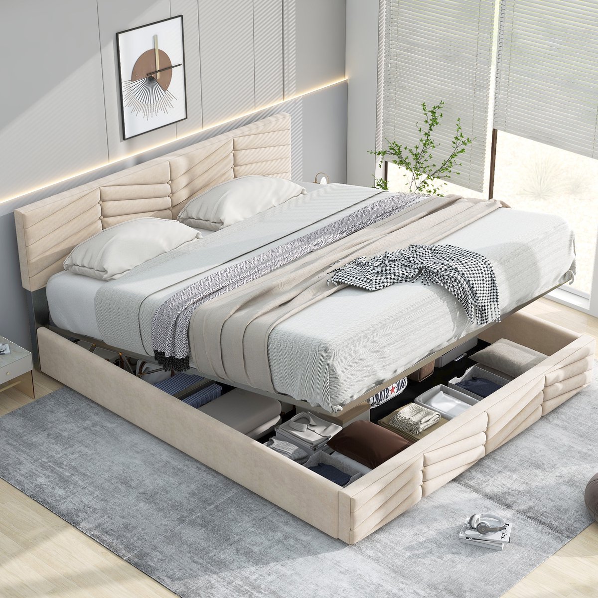 HAUSS SPOLE Tweepersoonsbedden - 140x190 cm - Gestoffeerd Bed Met Verstelbaar Hoofdboard - Hydraulische Opbergruimte Onder Bed - Fluweel - Beige