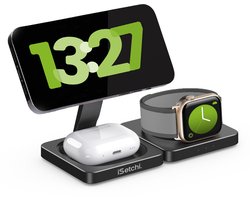 iSetchi 3-in-1 Power Base - Draadloze Oplader 15W – Opvouwbaar & Lichtgewicht - Qi Oplaadstation – Inclusief Kabel – Geschikt voor iPhone, Samsung, Apple Watch & Earbuds