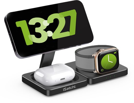 iSetchi 3-in-1 Power Base - Draadloze Oplader 15W – Opvouwbaar & Lichtgewicht - Qi Oplaadstation – Inclusief Kabel – Geschikt voor iPhone, Samsung, Apple Watch & Earbuds