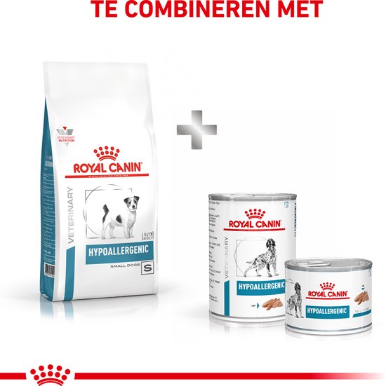 Zak Royal Canin Veterinary Hypoallergenic Small Dogs voer, naast twee blikken Royal Canin Hypoallergenic.