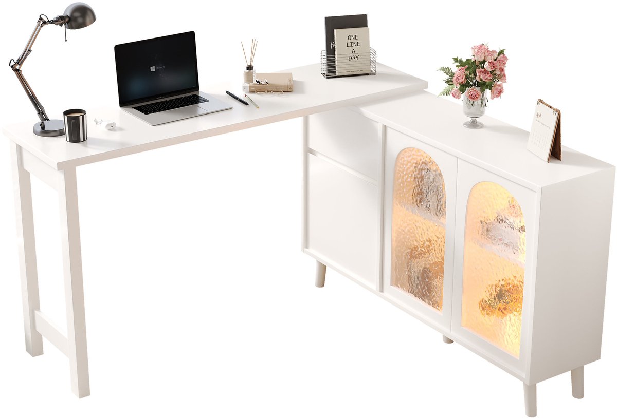 Merax Draaibaar Bureau met Dressoir 2-in-1 – LED Verlichting Vitrine – Wit – 120x40x78