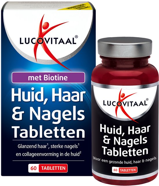 Lucovitaal Huid, Haar & Nagels Tabletten met Biotine, 60 tabletten, met een flesje.