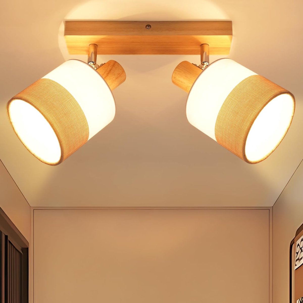Glitzerlife Vintage Houten Plafondspot - Plafondlamp - 2-lichts E14 Fitting - 350° Draaibaar - Max. 25W - Exclusief Lichtbron - Voor Slaapkamer Keuken Gang