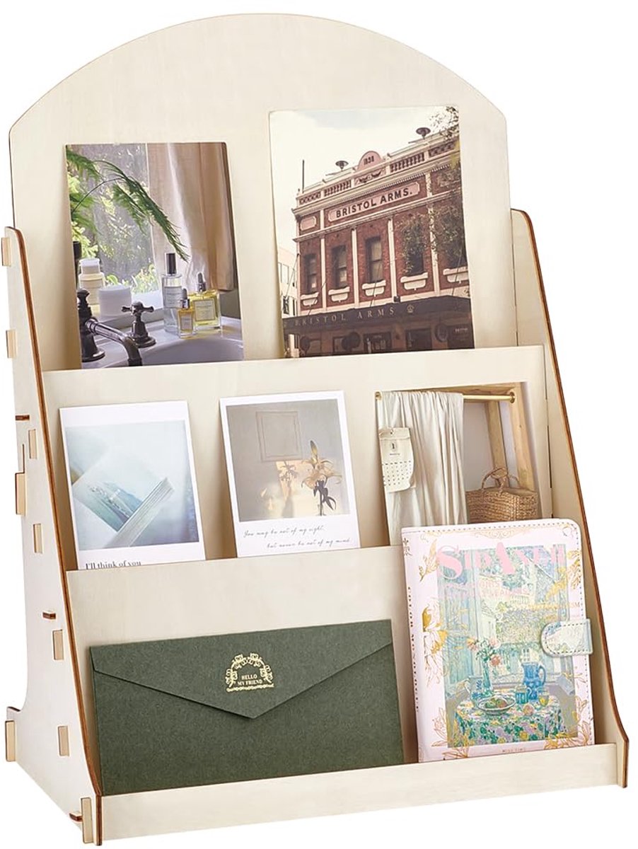3-Layer Card Stand - Houten Kaartdisplay Plank - 15,7x9,4x22,4 inch - Voor Postkaarten, Stickers en Foto's
