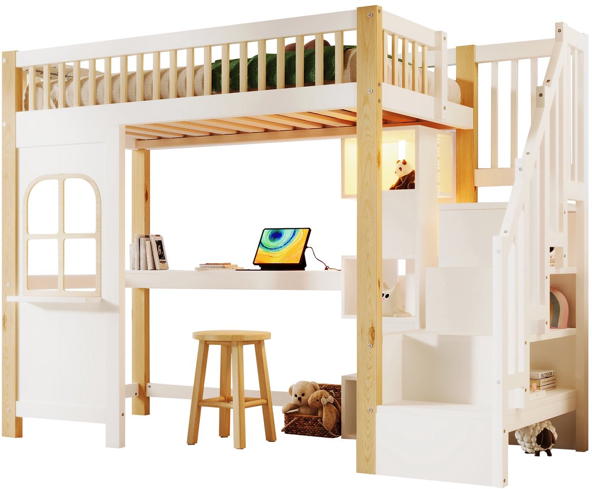 Merax Bed in Huisvorm - 90x200cm - Houten Hoogslaper met Trap en Bureau - Bed met Opbergruimte - LED Verlichting - Wit en Naturel