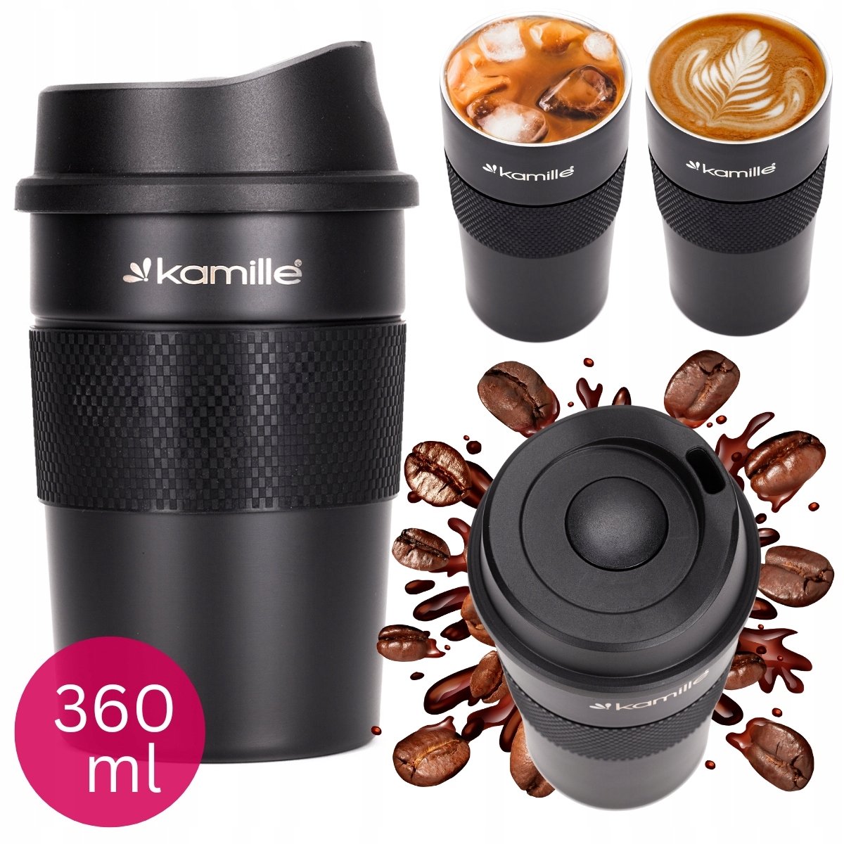 Kamille Thermos Mok 360ml - RVS, Zwart, Dubbelwandig