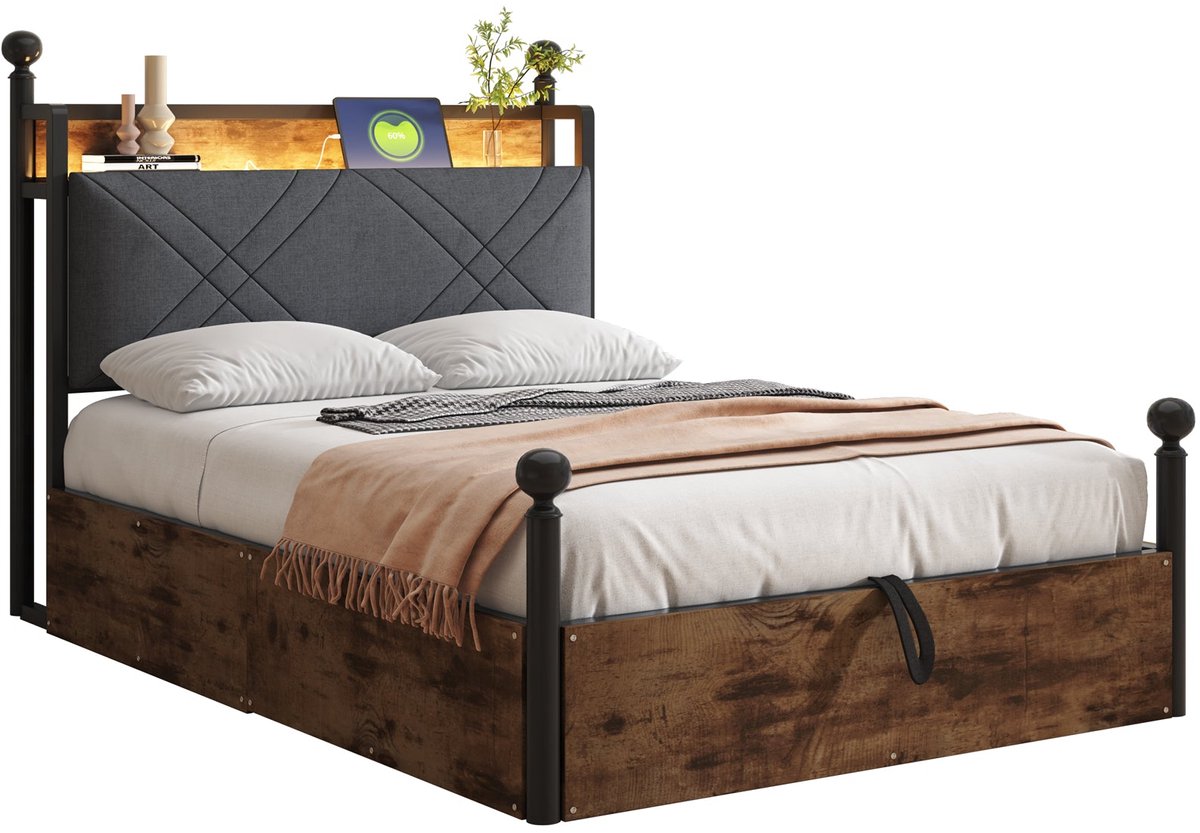 Merax Hemelbed - 90x190cm - Multifunctioneel Bed met Opbergruimte - Hydraulisch Systeem - LED Verlichting - USB en Type-C Aansluiting - Zwart Metaal en Hout