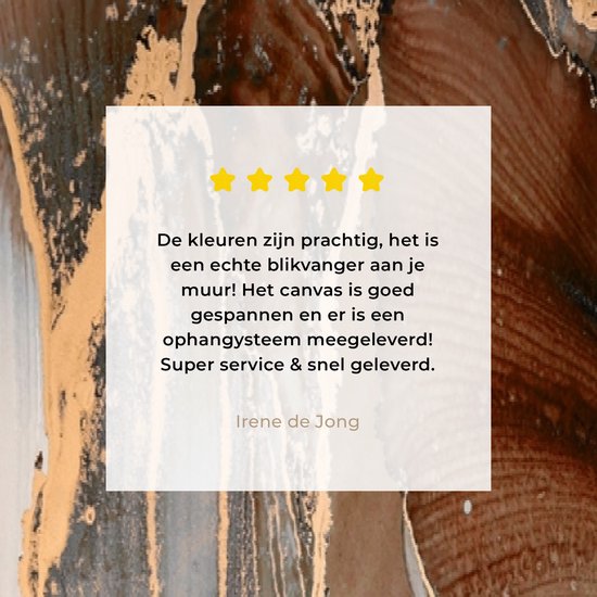 Klantbeoordeling met 4 sterren voor een abstract canvas met bruine, grijze en gouden marmerlook patronen.