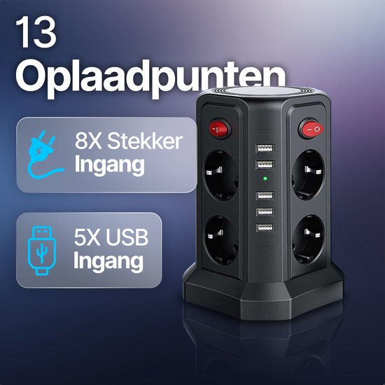 Zwarte stekkerdoos met 8 stopcontacten en 5 USB-poorten, met indicatie '13 Oplaadpunten'.