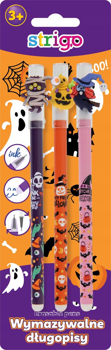 Uitwisbare blauwe pennen STRIGO Halloween set van 3