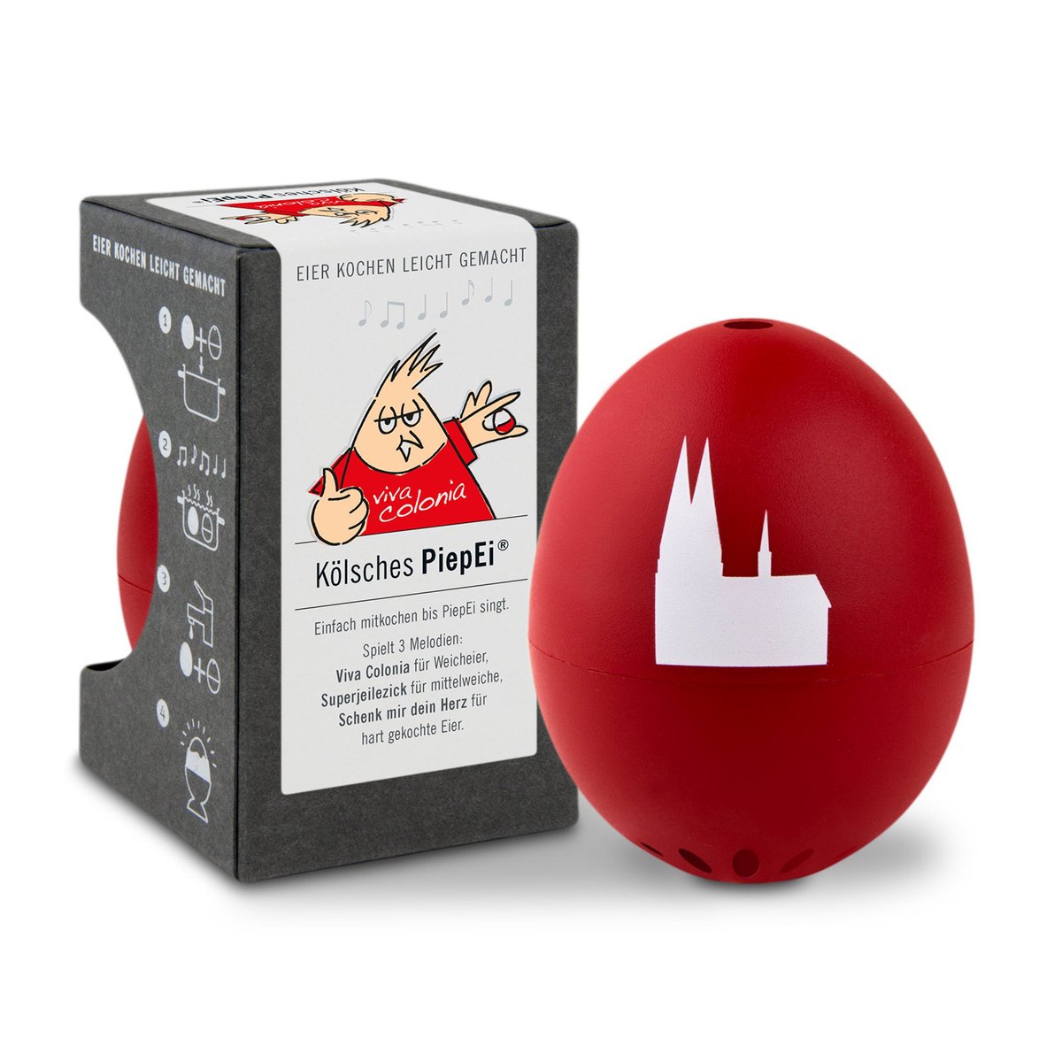 PiepEi Kölsch, kookwekker, meet tijd en temperatuur, speelt melodietjes als het ei klaar is, gemaakt in Duitsland