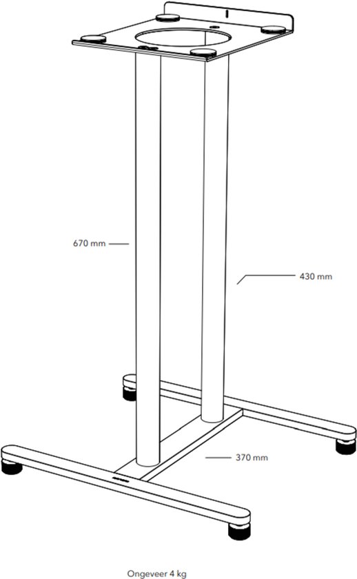 Technische tekening van een zilverkleurig speakerstandaardframe met afmetingen en gewichtsaanduiding.