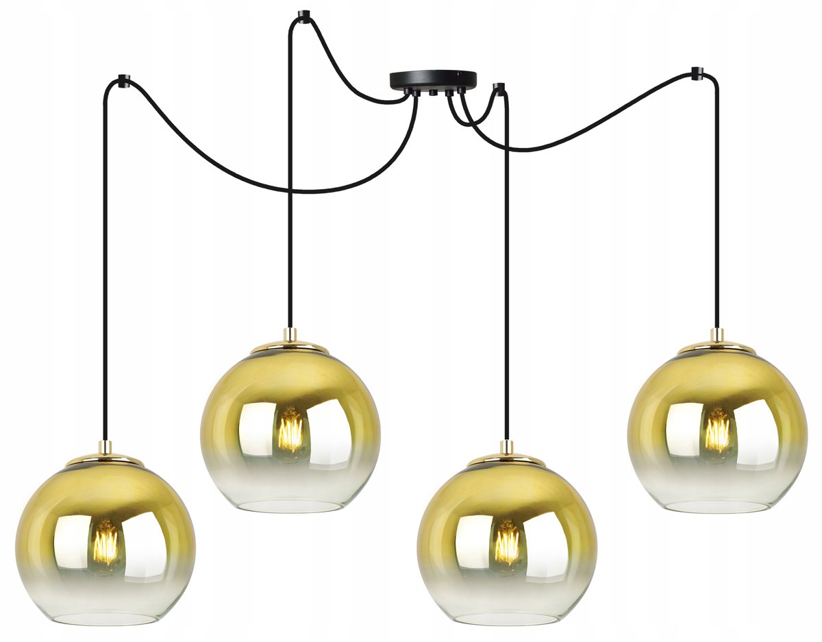 Golden Spider hanglamp met glazen bol, 4xE27, 200cm