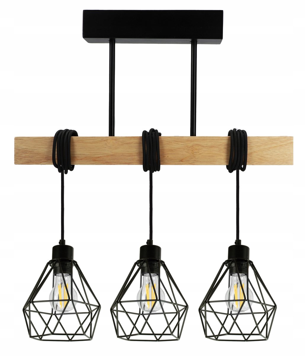 Hanglamp LED Diamant met Houten Balk E27 - Zwart Mat