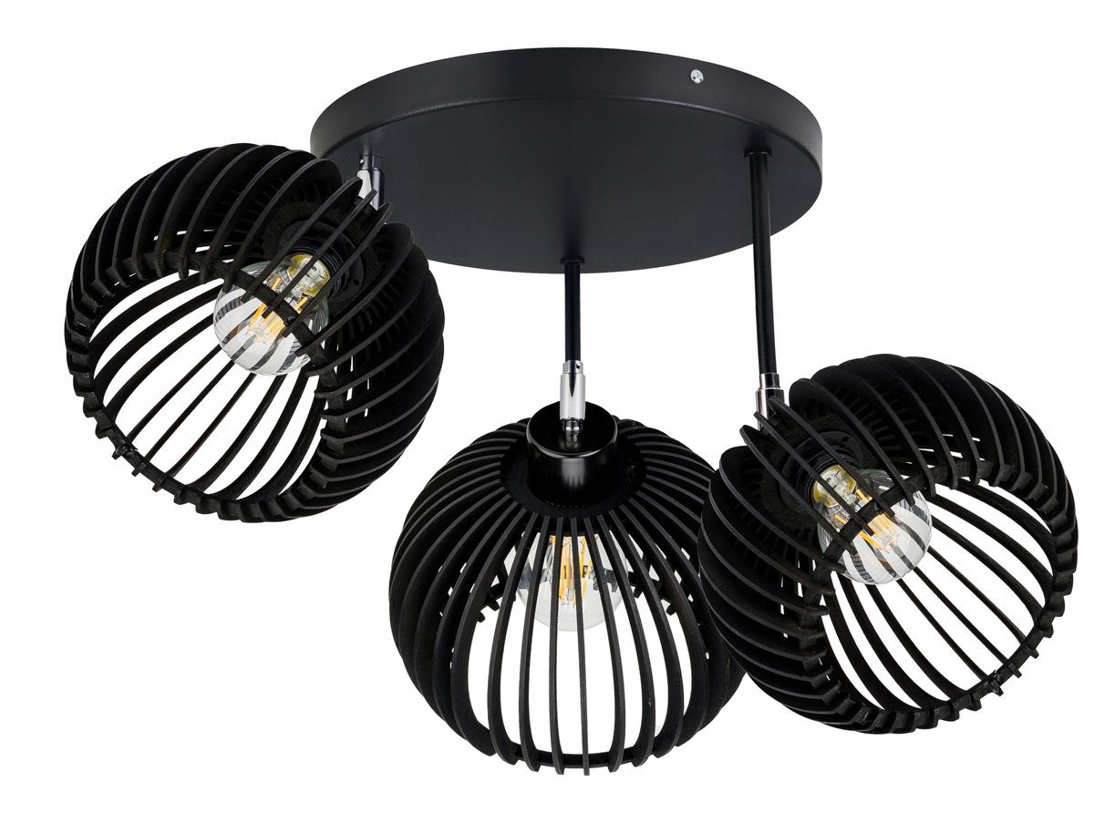 Loft Plafondlamp met Houten Kappen, 3x E27, Verstelbaar