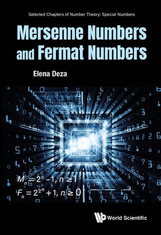 Livre 'Mersenne Numbers and Fermat Numbers', avec une couverture abstraite bleue de chiffres et de formules.