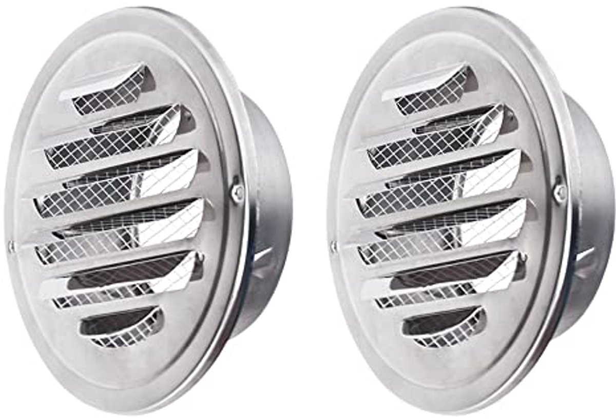 2 Stuks Ventilatierooster 100 mm - Weerbestendig Roestvrij Staal, Rond Afvoerluchtrooster met Insectenbescherming voor Keuken en Badkamer