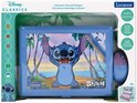 Blauwe Lexibook laptop in verpakking met Stitch en palmboomafbeelding, met muis en productinformatie.