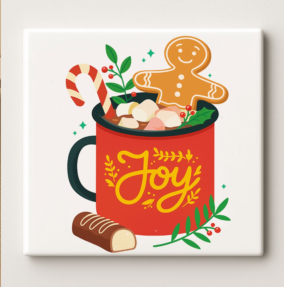 Joy Keramische Kersttegel 15x15 cm – Feestelijk Peperkoek & Warme Chocolade Ontwerp – Perf