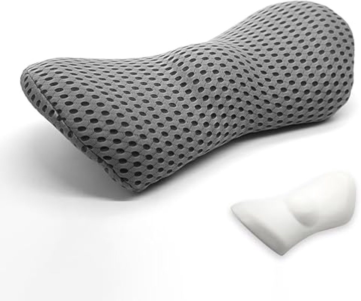 Ergonomisch Lendenwervelkussen voor Comfort en Ondersteuning – Traagschuim Rugkussen voor Auto, Bureaustoel en Bed – Donkergrijs