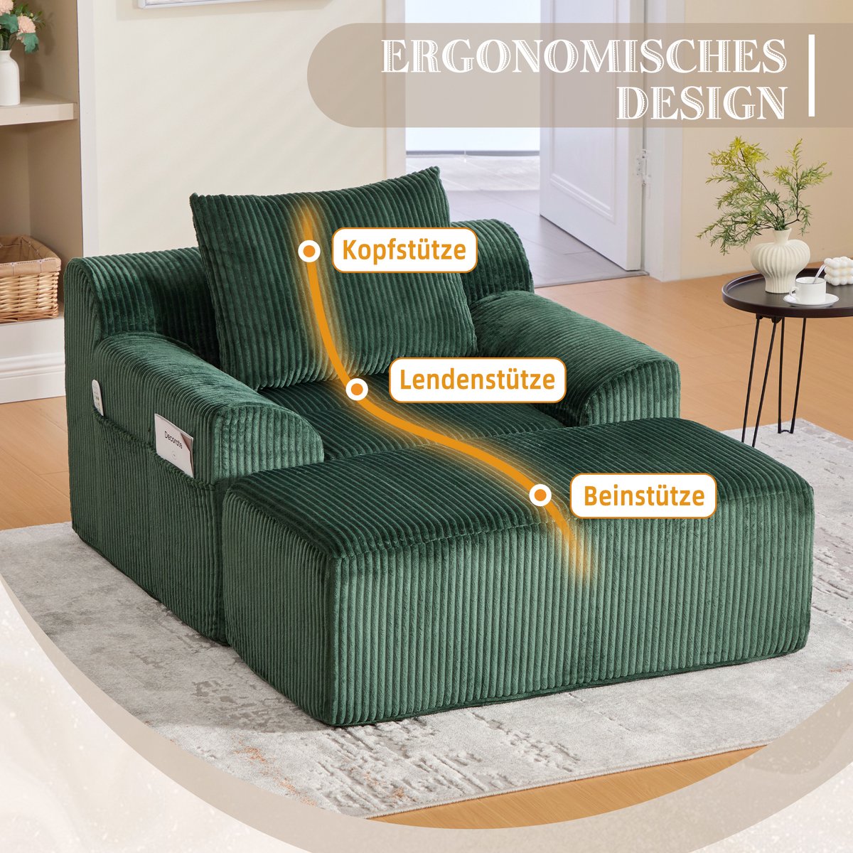 Extreem grote luie stoel met opstapjes, leunstoel van kordfluweel met zijzakken en kussen, diepe zitting, moderne gepolsterde fauteuil, zachte relaxstoel zonder harde randen, geen montage vereist-Smaragdgroen