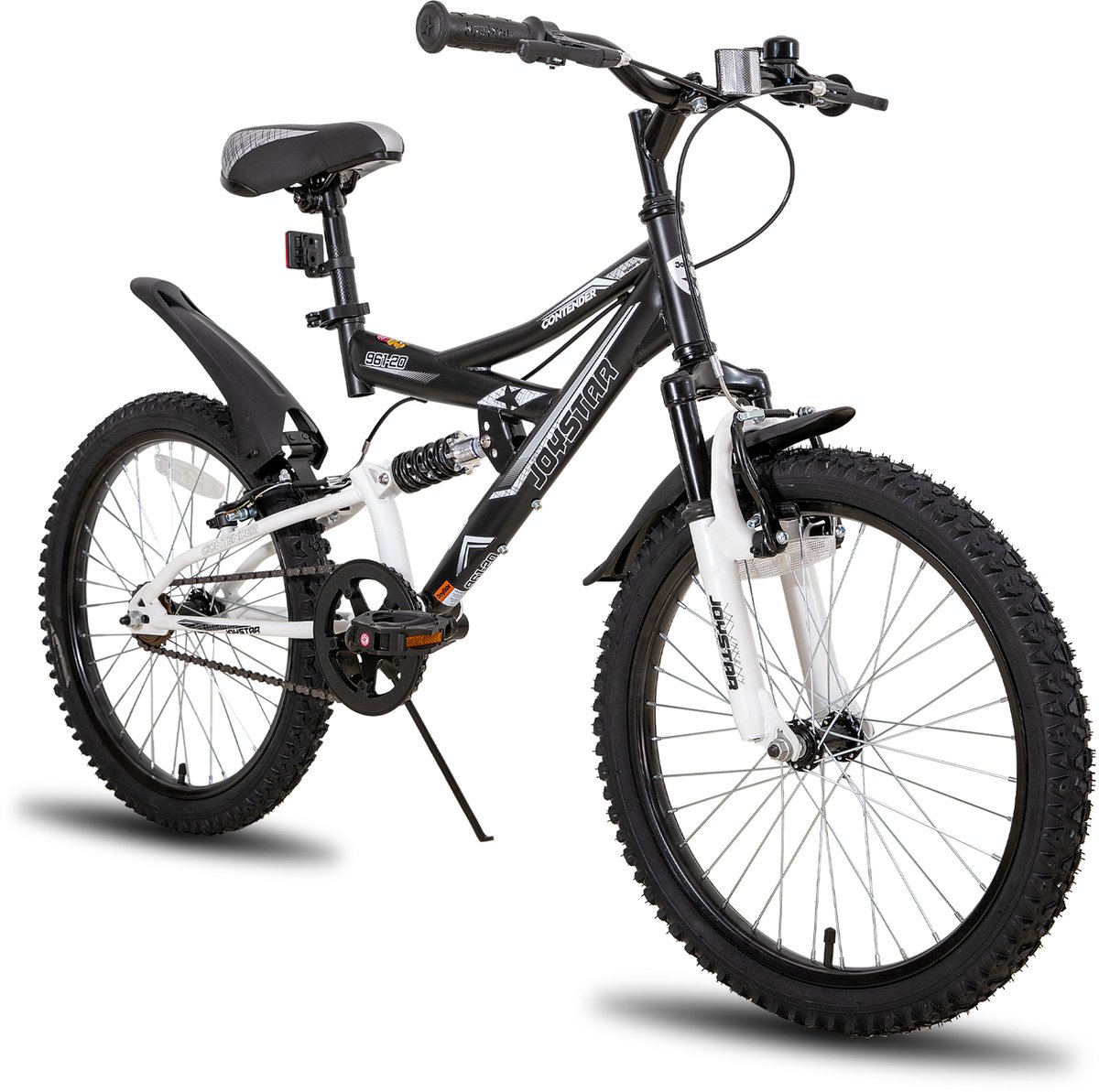 Joystar Contender Full Suspension Kinder Mountainbike - 20" - Handrem - Rem - Bel - Spatborden - Zwart - Geschikt voor buitenactiviteiten in de lente