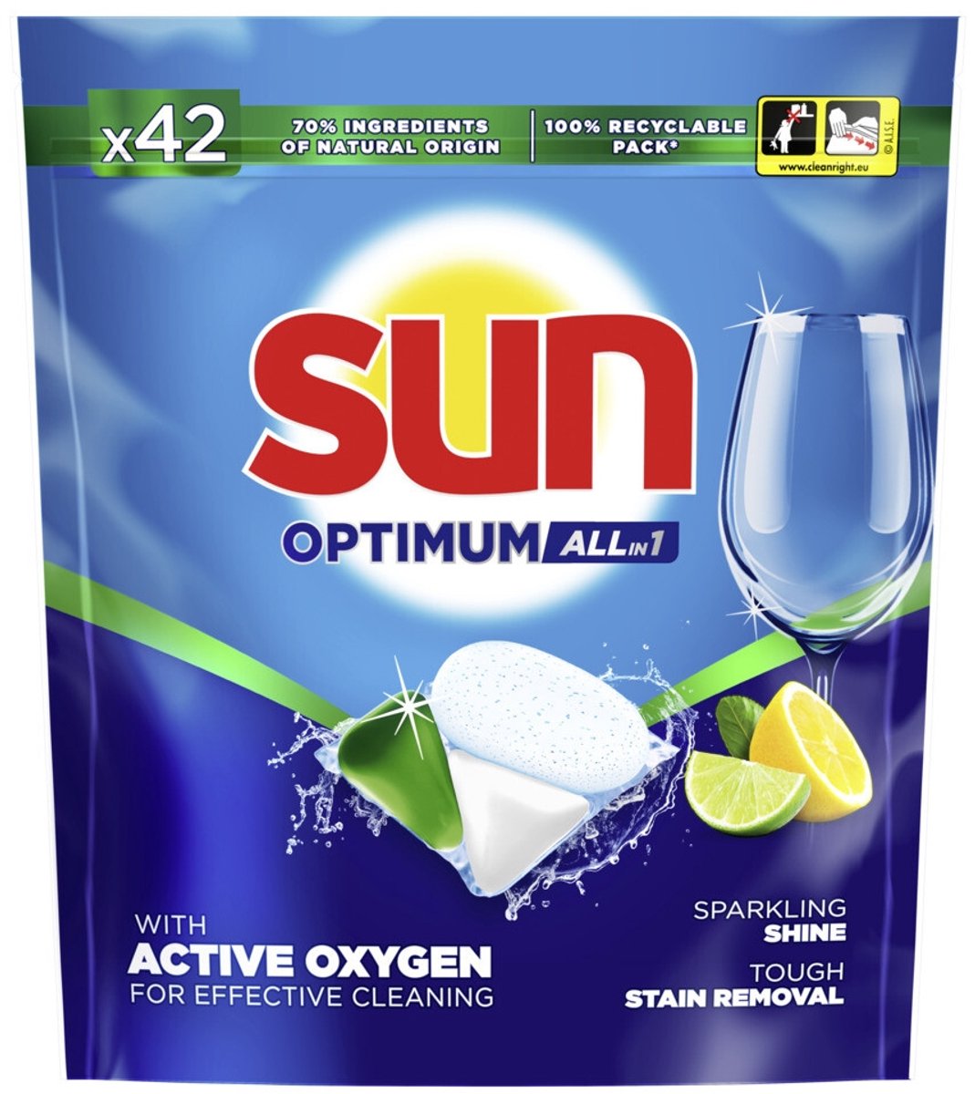 1 x Sun - Vaatwascapsules - Optimum All-in-1 Citroen met Active Oxygen - 42 capsules - Vaatwascapsules - Citroengeur - Active Oxygen - Reiniging - Vetvlekken
