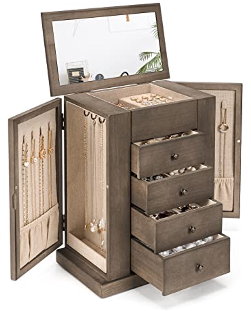 Grote Houten Sieradenbox voor Dames met 5 Lagen en Spiegel