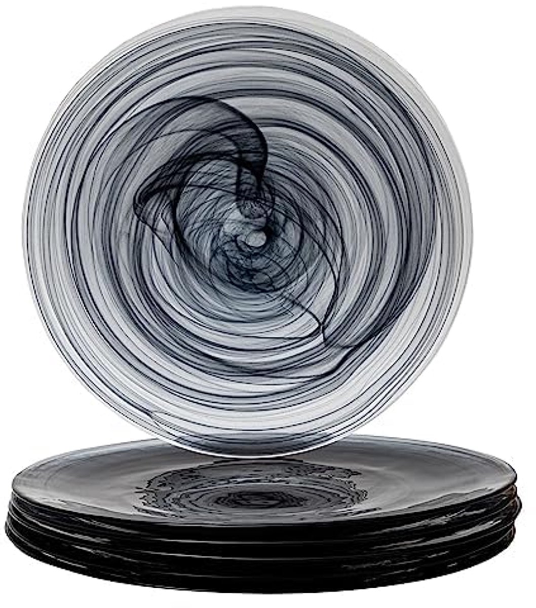 Set van 6 Elegante Platte Borden Zwart Albast 33 cm met Gemarmerd Patroon