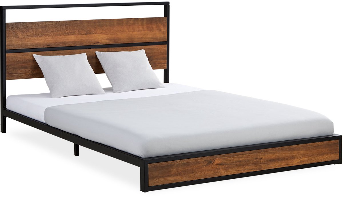 Homestyle4u Metalen bed - 140x200 cm - Tweepersoonsbed - met Lattenbodem - Zwart en Bruin