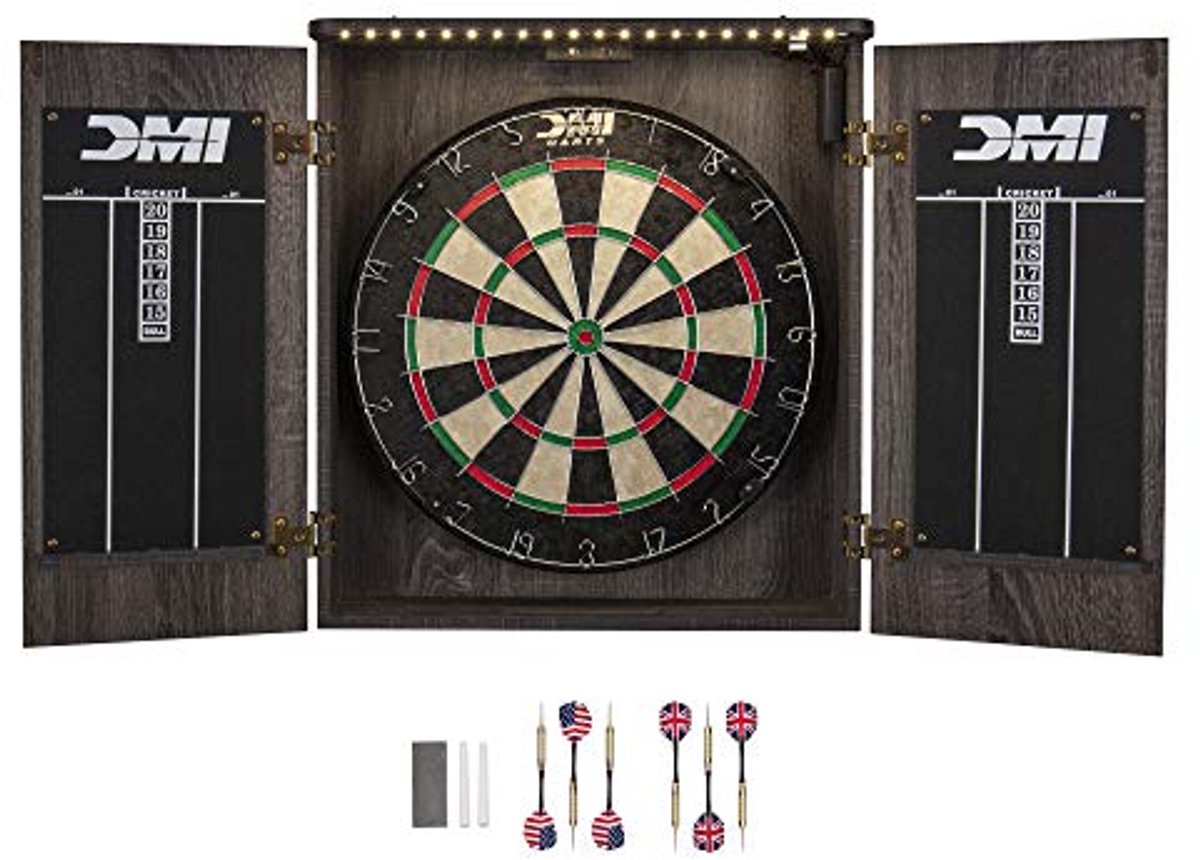 DMI Sports Dartbord kabinetsets met varkenshaar - inclusief LED-verlichting of elektronische scoreoptie