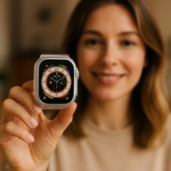 Een vrouw houdt een Apple Watch Ultra met een transparante beschermhoes omhoog.