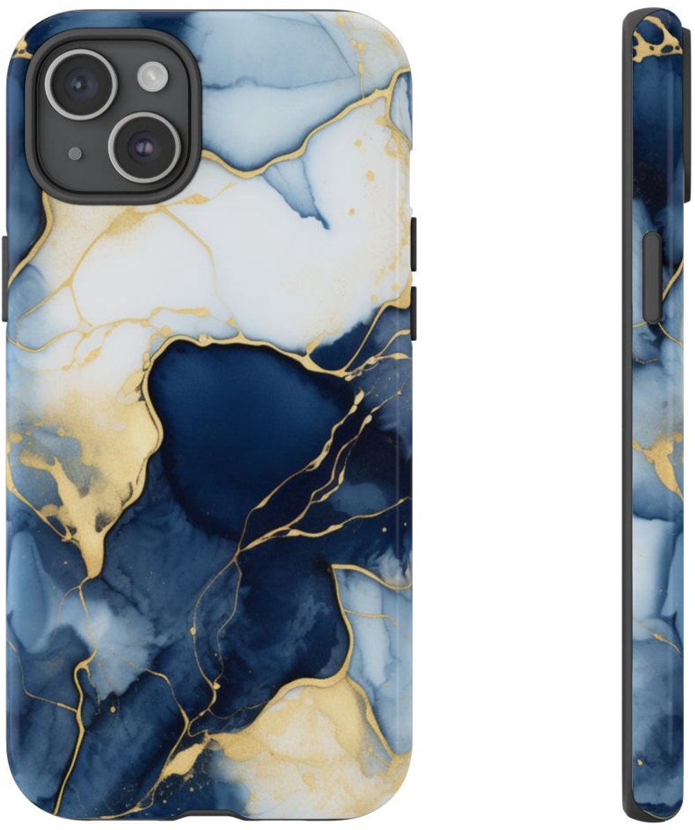 Diepblauw en Goud Abstract Inktpatroon – Telefoonhoesje Geschikt voor iPhone 15 Plus