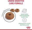 Bruine, ronde brokken met een gat in het midden. Tekst: UNIEKE DIGESTIVE CARE-FORMULE, ZEER GOED VERTEERBARE EIWITTEN, PREBIOTICA (FOS) EN PSYLLIUM.