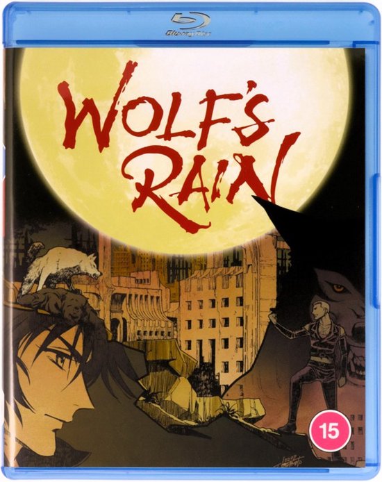 Blu-ray hoesje van Wolf's Rain met de titel in rode letters. Anime-tekening van wolven, mensen en een stad onder een grote gele maan.