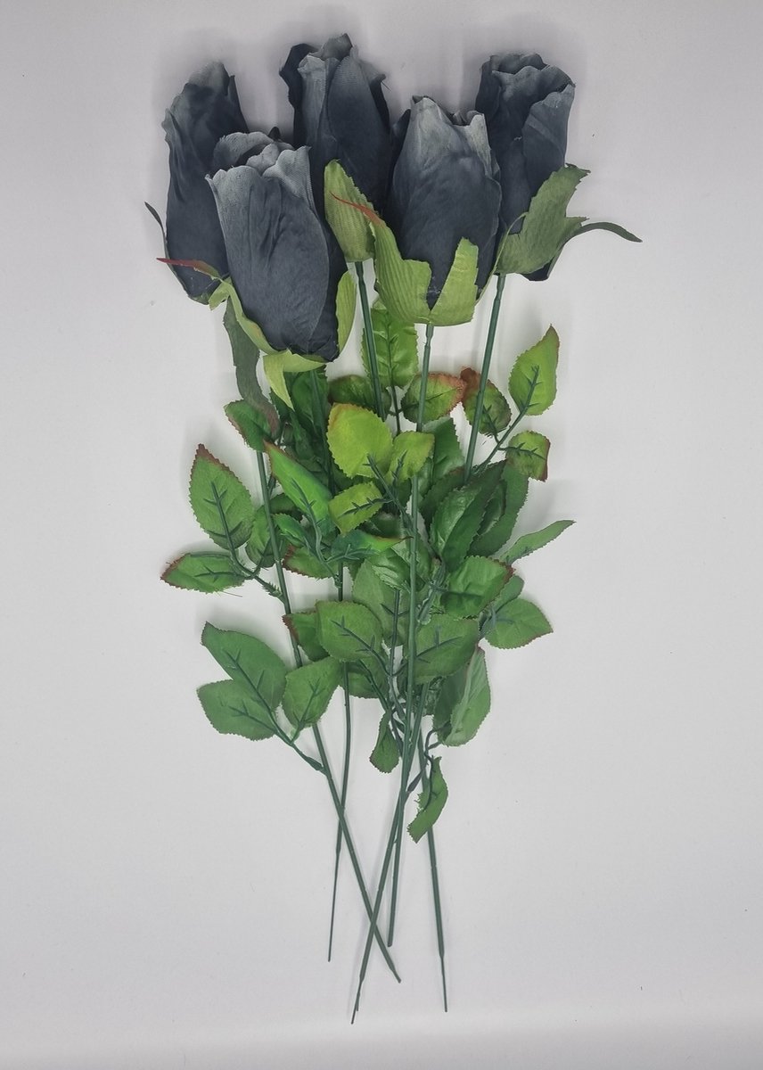 Roos - W116 - 50 cm - Zwart/Grijs - 5 bloemen - Grafdecoratie - Zijdenbloemen - Kunstbloemen