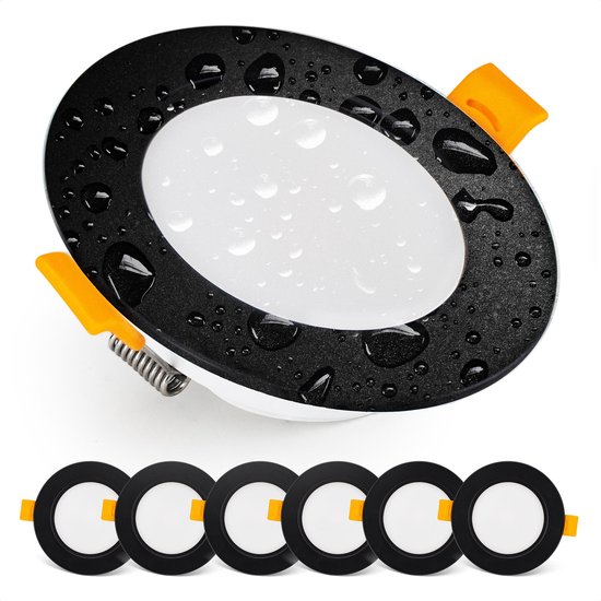 Emos Inbouwspots Badkamer, IP54 LED, 500 Lumen, 3000K Warm Wit, Waterbestendig, Ultra-plat, Badkamerverlichting, 6-pack Zwart, Inbouwspots Buiten