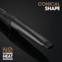 Detail van de conische vorm van de zwarte ghd Chronos Curve krultang. Tekst 'conical shape' en 'no extreme heat damage'.